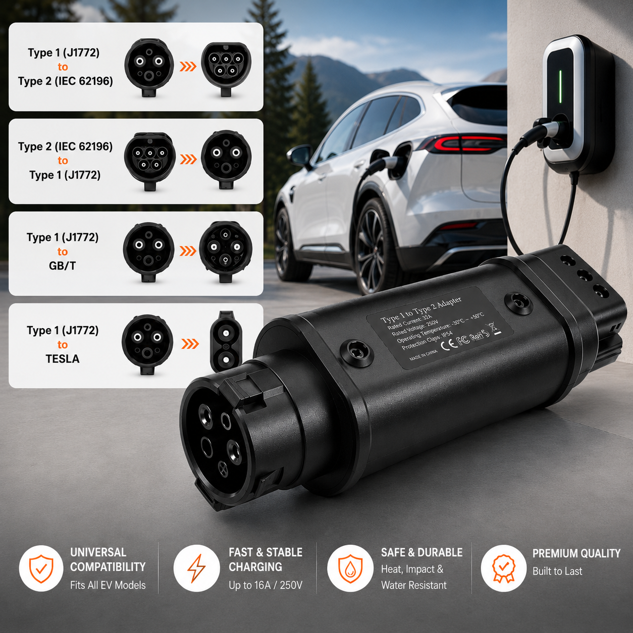 Universal EV Charging Adapter — J1772 / IEC 62196EV/Tesla