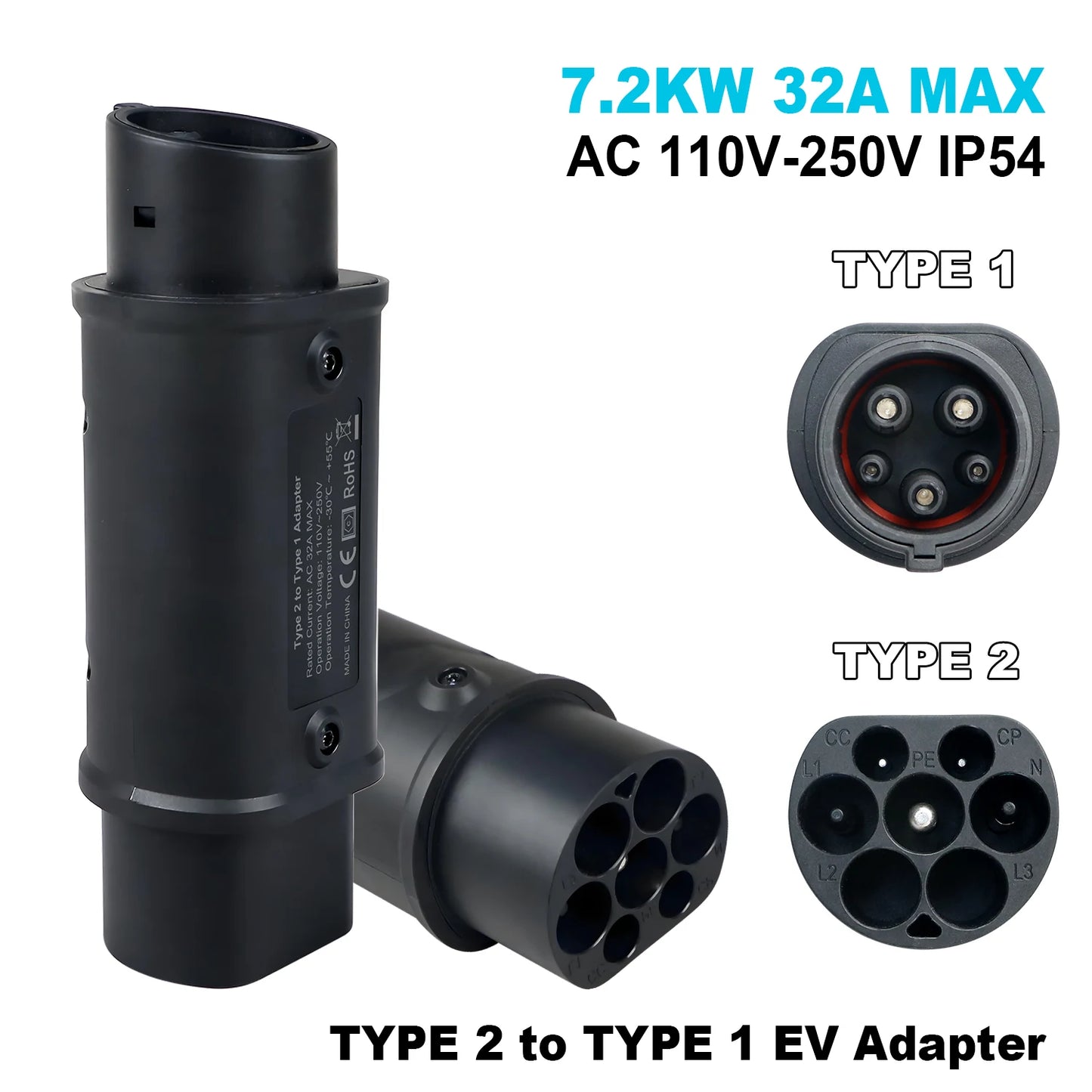 Type 2 to Type 1 EV Adapter, IEC 62196 to J1772 Converter, 16A 32A Electric Vehicle Charger Connector